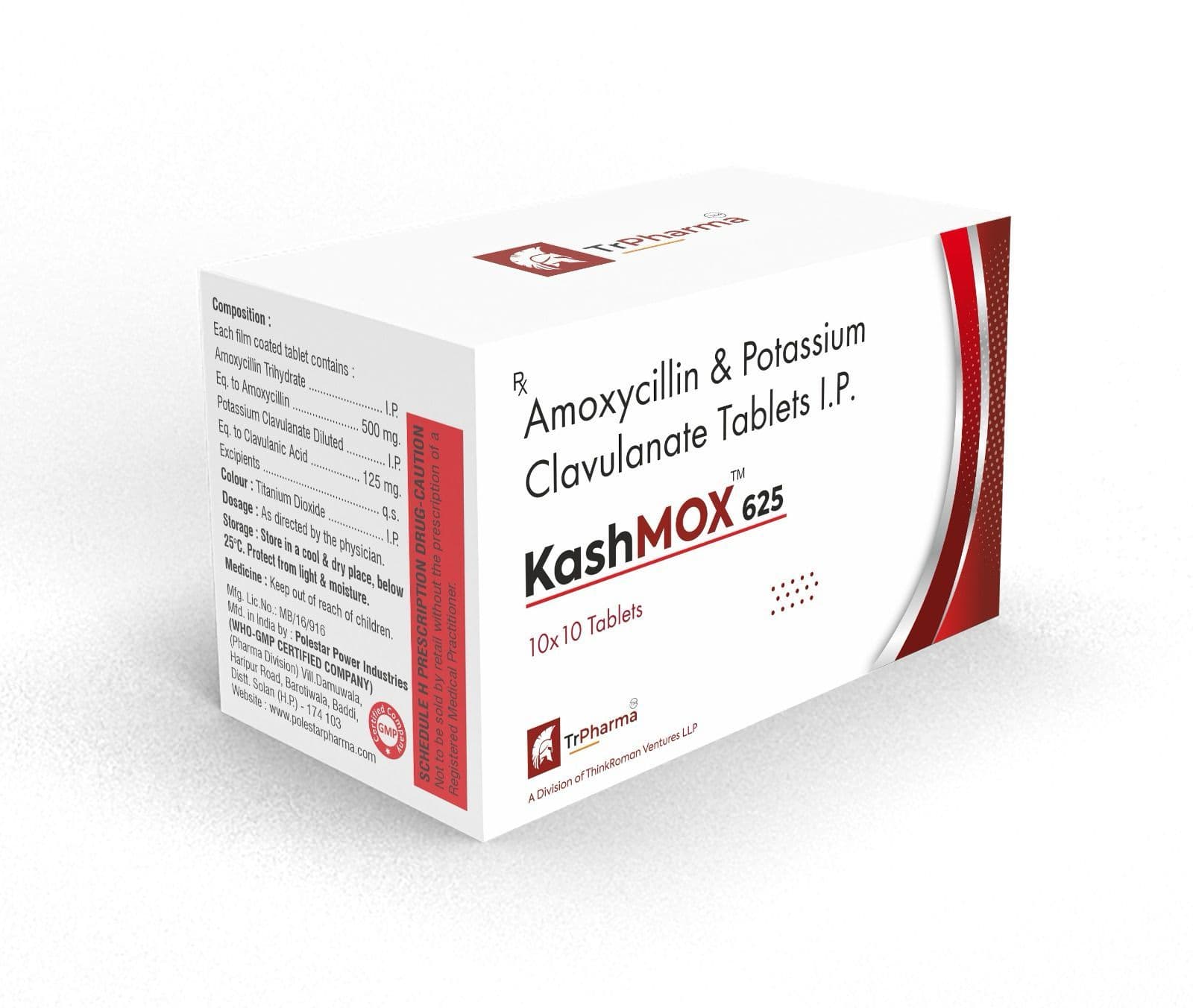 KashMOX 625 box and blister pack, TrPharma